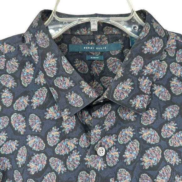 Perry Ellis Slim Fit Long Sleeve Button Up Shirt XXL Blue Abstract Pineapple Top - Picture 2 of 8